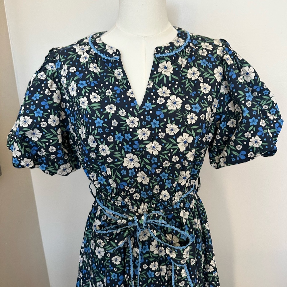 &merci Navy Blue Floral V-Neck Puff Sleeve Midi Dress Size Small - Picture 6 of 10